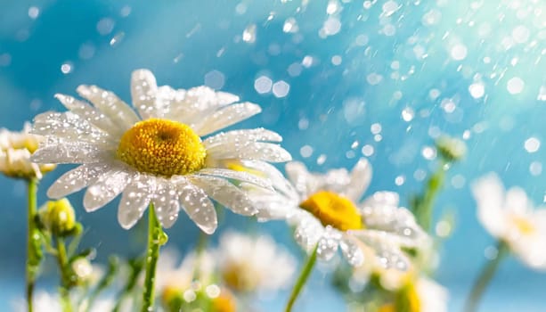 Floral banner with chamomiles and water drops on blue background