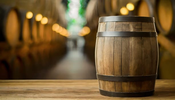 Close view of the surface of an old wooden barrel in a cellar or dark environment with soft warm light and with more barrels in the background.