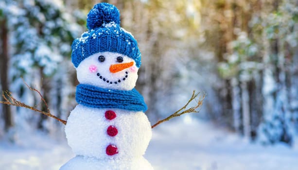 A cute smiling snowman stands against the backdrop of a festive winter landscape. A template for a Christmas card.