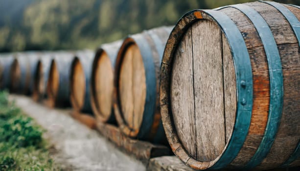 Close view of the surface of an old wooden barrel in a cellar or dark environment with soft warm light and with more barrels in the background.
