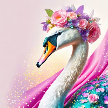 Creative animal concept. Swan bird in glam fashionable couture high end outfits isolated on bright background advertisement, copy space. birthday party invite invitation banner