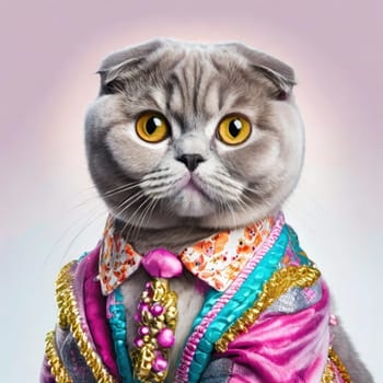 Creative animal concept. Scottish fold cat kitten kitty in glam fashionable couture high end outfits isolated on bright background advertisement, copy space. birthday party invite invitation banner