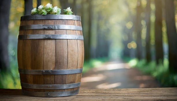 Close view of the surface of an old wooden barrel in a cellar or dark environment with soft warm light and with more barrels in the background.