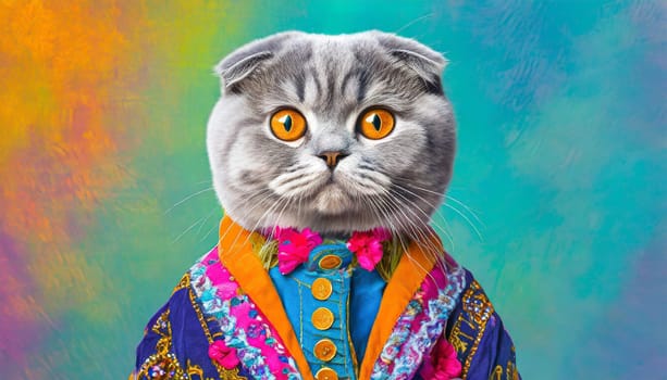 Creative animal concept. Scottish fold cat kitten kitty in glam fashionable couture high end outfits isolated on bright background advertisement, copy space. birthday party invite invitation banner