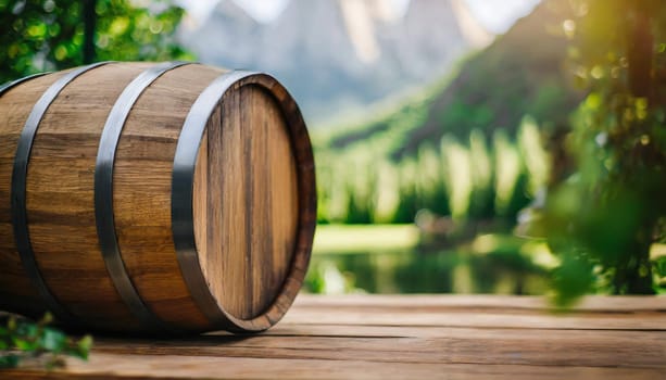 Close view of the surface of an old wooden barrel in a cellar or dark environment with soft warm light and with more barrels in the background.