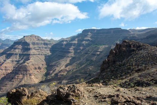 Mountains on the Canary Island of Gran Canaria in Spain, with blue sky and clouds
