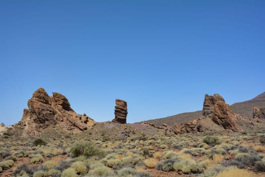 The bizarrely shaped Roque Cinchado rock of volcanic rock in Teide National Park on the Canary Island of Tenerife, Spain