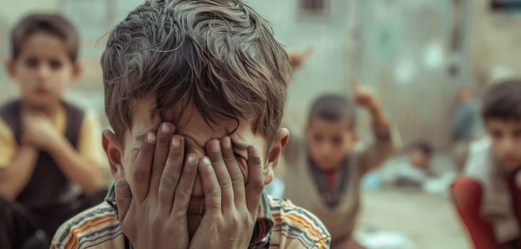 Amidst a bustling background, a child hides his face, capturing a personal moment of peace. The depth of field accentuates his solitary game