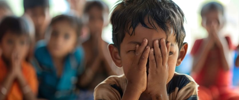 A child covers his eyes with one hand, amidst a blurry group of peers. A moment of shyness in a communal setting is poignantly captured