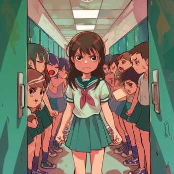 An animated schoolgirl stands defiantly in a corridor, surrounded by jeering classmates, depicting a moment of confrontation and resilience in a school setting. Bullying and standing up for oneself