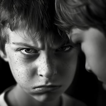 A close-up captures the intense gaze of a young boy with furrowed brows, confronting another out of frame. The stark black and white contrast highlights the emotional tension and youthful expressions