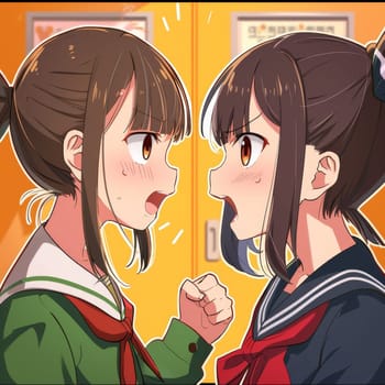 Two anime characters are caught in a heated exchange, their faces inches apart, showcasing the dynamic intensity of animated conflicts. Their expressive gestures indicate a deep involvement