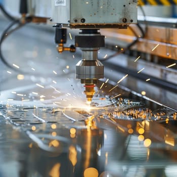 The art of metalwork is showcased as a laser engraver carves intricate designs into a metallic surface, surrounded by a cascade of golden sparks