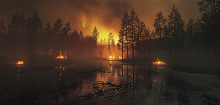 A serene yet haunting image of gentle flames amidst a forest at dusk, reflecting over a calm body of water