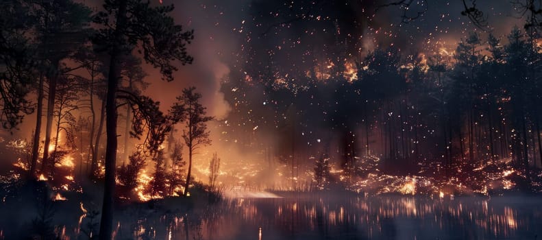 The ethereal beauty of flames dancing among forest trees at night, casting a warm glow and a spellbinding reflection on the water surface