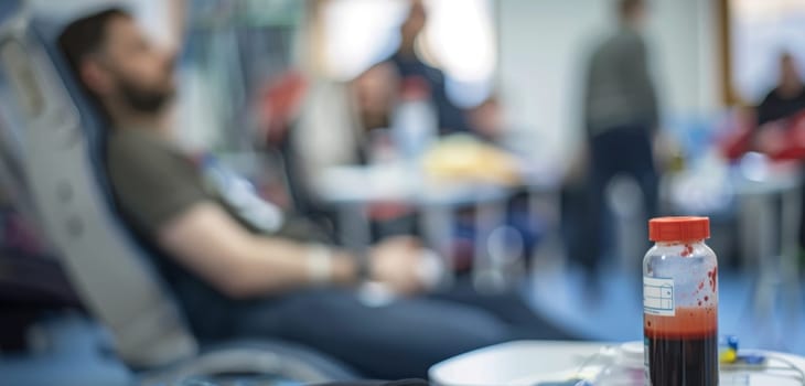 The act of giving is captured in a blood donation center, where a donor relaxes while contributing to the vital cause, with a focus on the blood-filled bottle