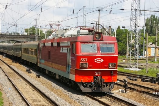 Novosibirsk, Russia - July 20, 2018: locomotive or engine is a rail transport vehicle that provides the motive power for a train.