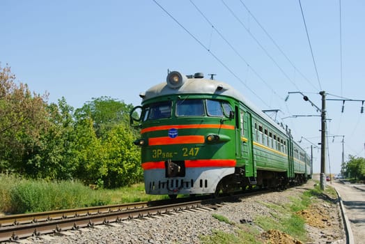 Novosibirsk, Russia - July 20, 2018: locomotive or engine is a rail transport vehicle that provides the motive power for a train.