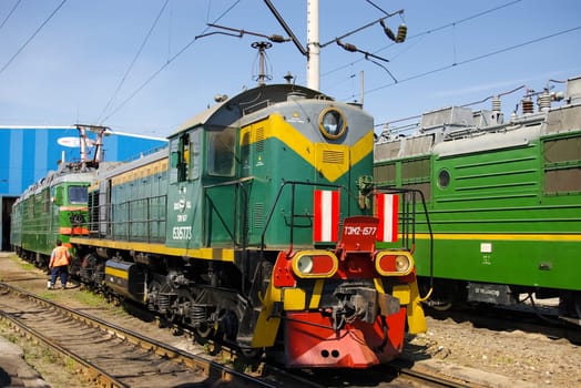 Novosibirsk, Russia - July 20, 2018: locomotive or engine is a rail transport vehicle that provides the motive power for a train.