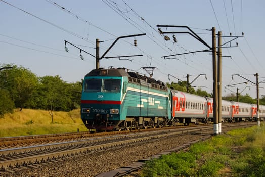 Novosibirsk, Russia - July 20, 2018: locomotive or engine is a rail transport vehicle that provides the motive power for a train.
