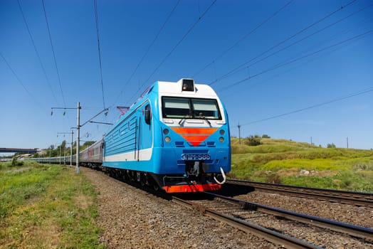 Novosibirsk, Russia - July 20, 2018: locomotive or engine is a rail transport vehicle that provides the motive power for a train.