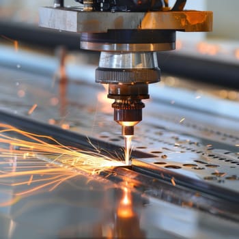 A laser cutting machine precisely slices through metal, emitting a shower of bright sparks in an industrial setting