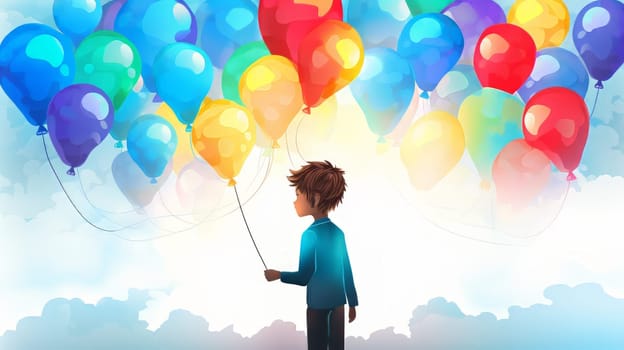 Boy hold a lot of colorful ballons concept for dreaming. generative ai
