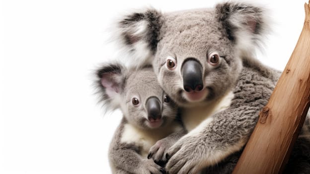 Koala Bear with her baby joey isolated on white background. artificial art