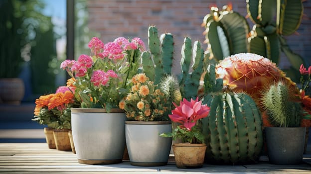 Collection of beautiful cacti with colorful flowers. generative ai