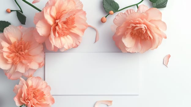 Greeting Card with beautiful Flower Blossom in Colours Peach Fuzz, Pantone 13-1023, Pantone Colour of the Year 2024. generative ai