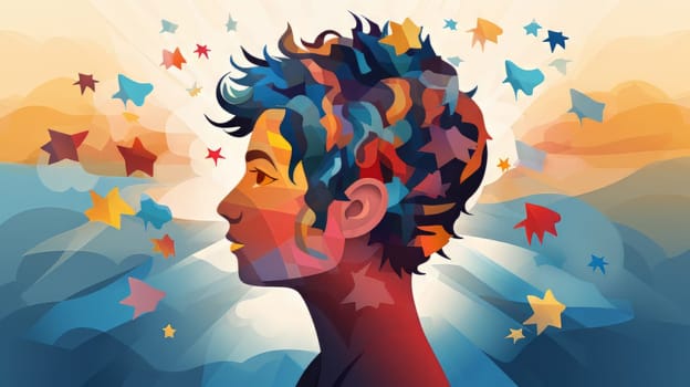 Portrait of a boy with numerous colorful puzzle pieces flying around his head. Concept World autism awareness day. - generative ai
