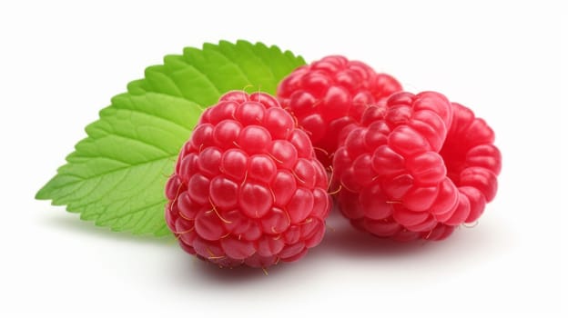 Fresh raspberry with green leaf isolated on white background. artificial art