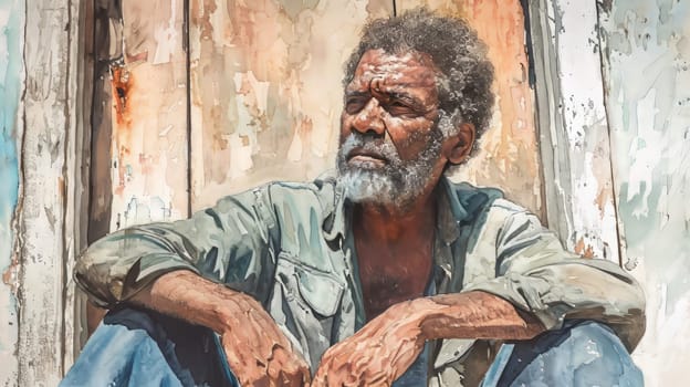 Illustration from poor afro american in front of his wooden house. generative ai