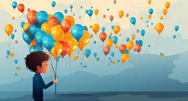 Boy hold a lot of colorful ballons concept for dreaming. generative ai