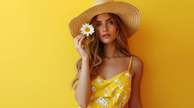 Stylish woman wiht daisy flower on yellow background. Beautiful fresh summer concept. generative ai