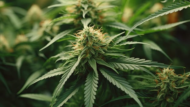 Hemp cones with green and yellow leaves, macro view.Cannabis is a standoff between a drug and a medicine. generative ai