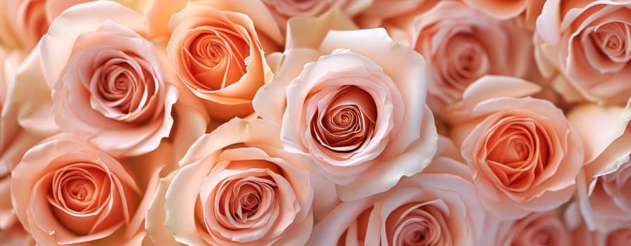 Panorama of beautiful rose flower blossom in the color of the year Pantone Peach Fuzz 2024. Generative AI