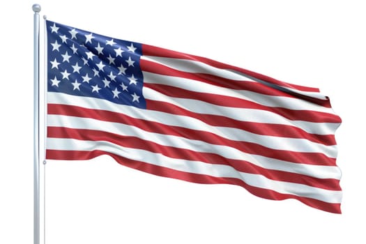 Isolated US flag with stars and stripes waving in wind on pole against white background. AI Generated.