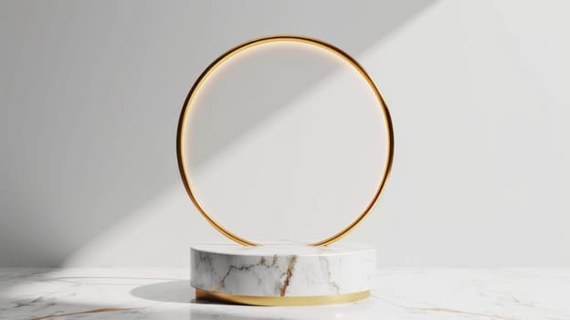 Elegant marble stand with gold ring. Copy space. Created using AI generated technology and image editing software.