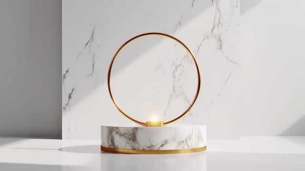 Elegant marble stand with gold ring. Copy space. Created using AI generated technology and image editing software.