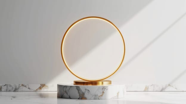 Elegant marble stand with gold ring. Copy space. Created using AI generated technology and image editing software.