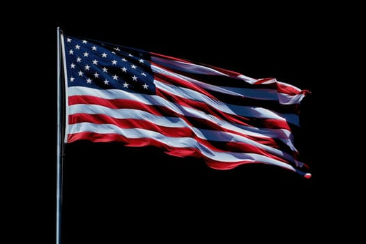 Isolated American flag with stars and stripes waving in wind on pole against black background. AI Generated.