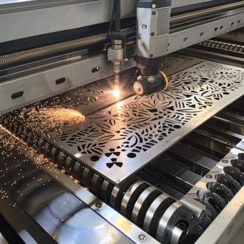 Laser cutting machine in action, intricately slicing through metal with precision and producing intricate patterns
