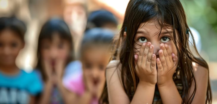 A playful child hides her face with her hands, peeking through her fingers with a hint of a smile, surrounded by a blurred backdrop of her peers. The moment captures the essence of playful innocence