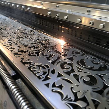 Sparks fly as a laser precision machine carves elegant designs into metal, showcasing advanced manufacturing
