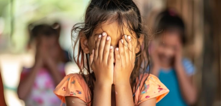 A young girl covers her face with her hands, revealing only her eyes, standing amidst a group of children. The scene is a blend of shyness and playfulness in a social setting