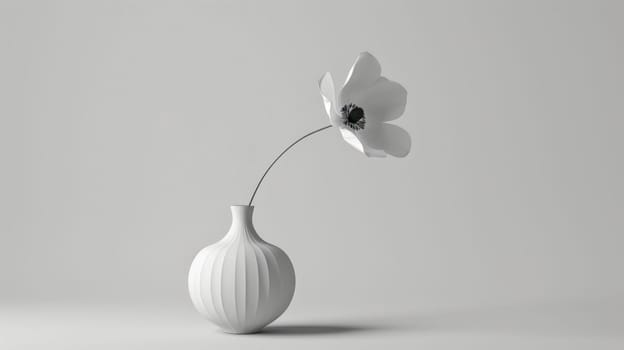 Still life of white flower. Copy space. Created using AI generated technology and image editing software.