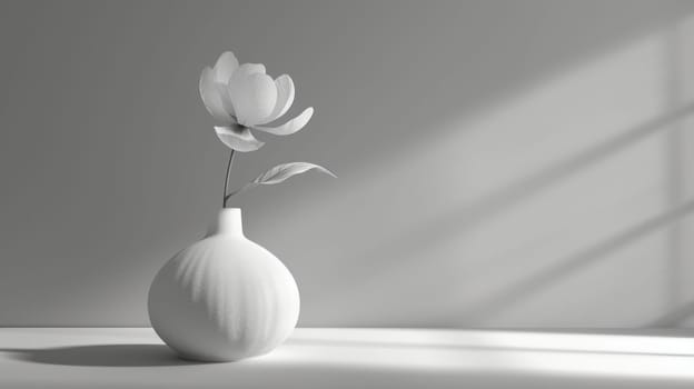 Still life of white flower. Copy space. Created using AI generated technology and image editing software.