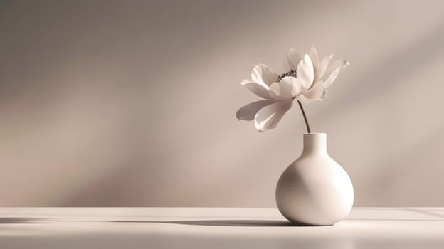 Still life of flower in beige vase. Copy Space. Created using AI generated technology and image editing software.