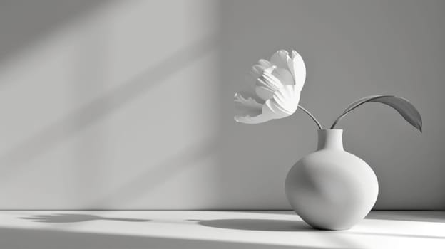 Still life of white flower. Copy space. Created using AI generated technology and image editing software.